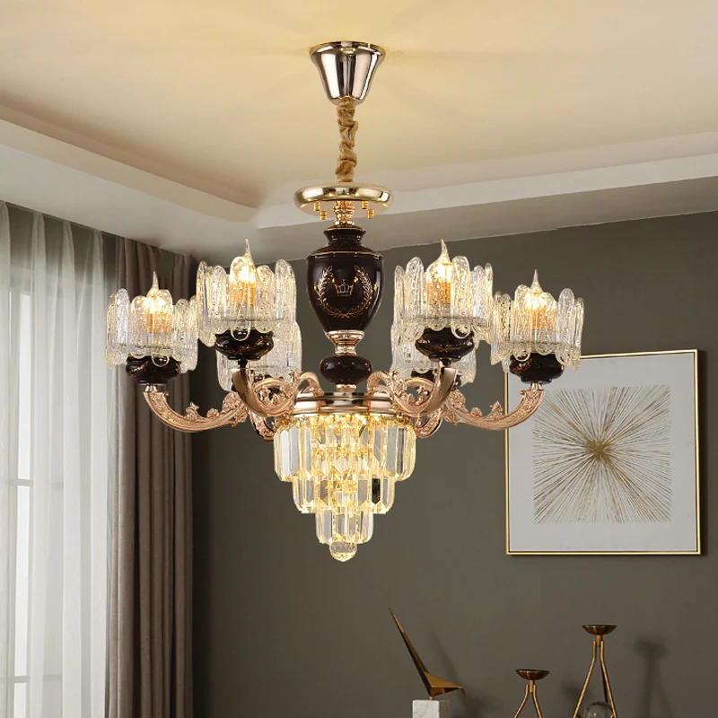 Eenvoud 3-laags ophanglicht Kristallen prisma's 6-lamps salonkroonluchter met helderglazen kap goud Clearhalo