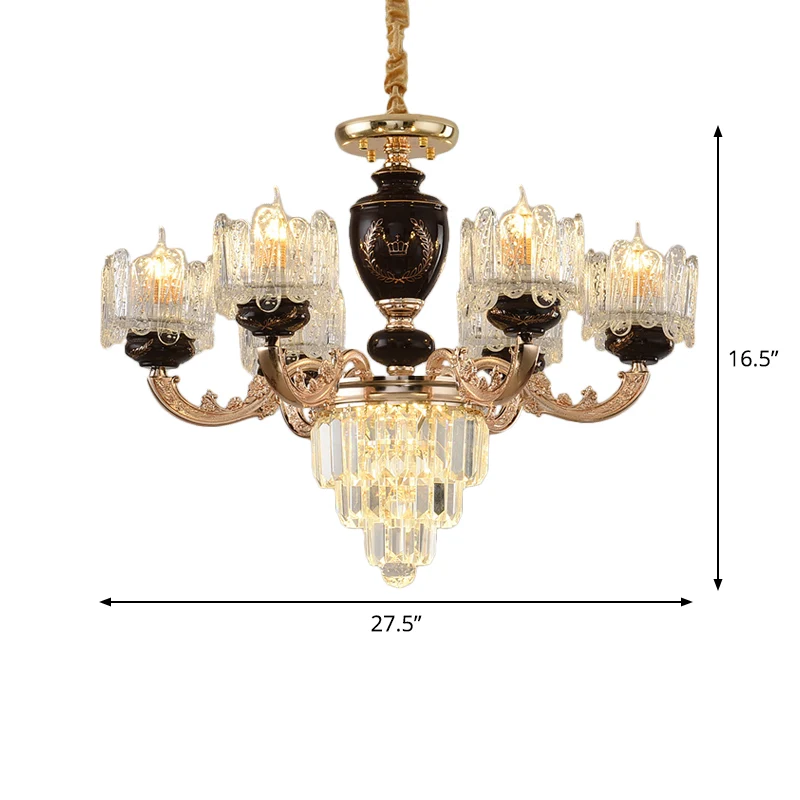 Eenvoud 3-laags ophanglicht Kristallen prisma's 6-lamps salonkroonluchter met helderglazen kap goud Clearhalo