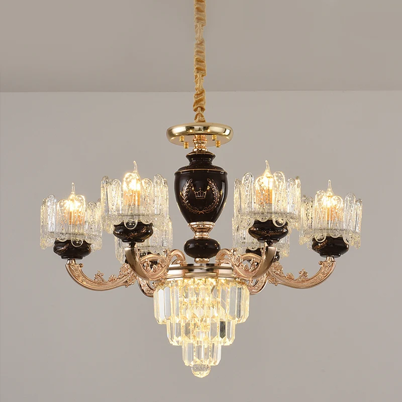 Eenvoud 3-laags ophanglicht Kristallen prisma's 6-lamps salonkroonluchter met helderglazen kap goud Clearhalo
