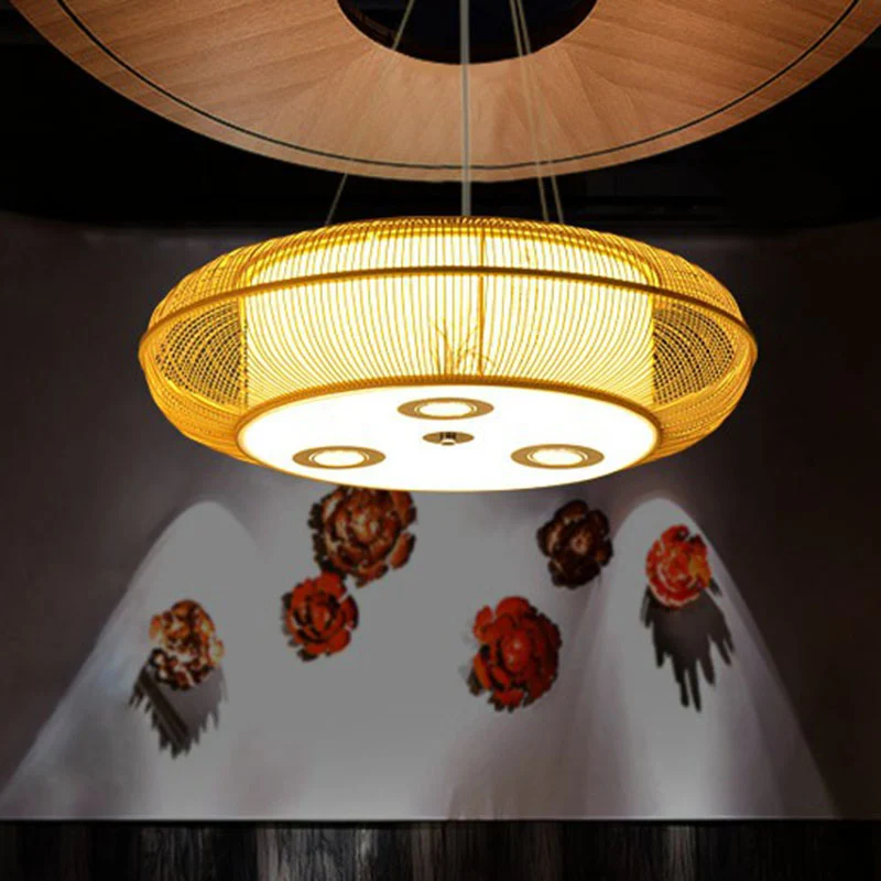 Eenvoud Afgeronde Drum Kroonluchter Verlichting Bamboe Restaurant Hanglamp Clearhalo