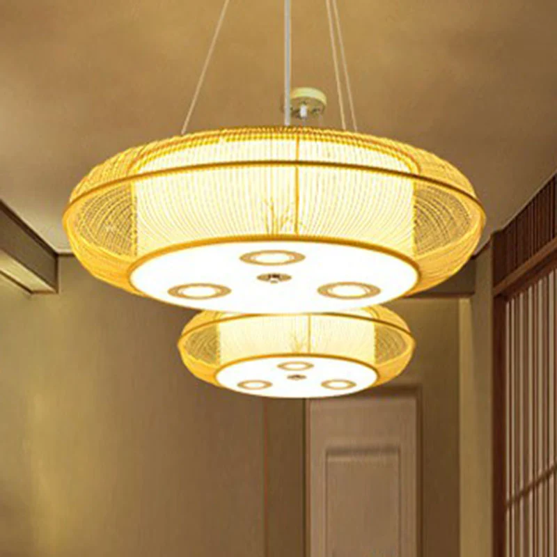 Eenvoud Afgeronde Drum Kroonluchter Verlichting Bamboe Restaurant Hanglamp Clearhalo