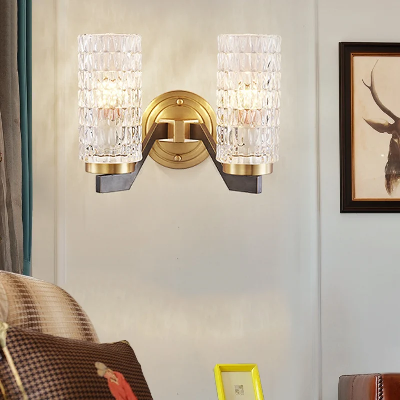 Eenvoud Cilindrische Flush Wandkandelaar Kristal 1/2 Lichten Blaker Lichtpunt Messing voor Nachtkastje Clearhalo