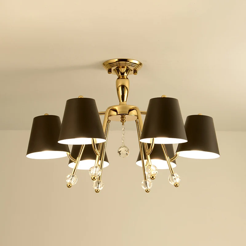 Eenvoud conische semi-gemonteerde verlichting metaal 6/8-licht woonkamer plafondmontage licht zwart met kristallen bolacce...