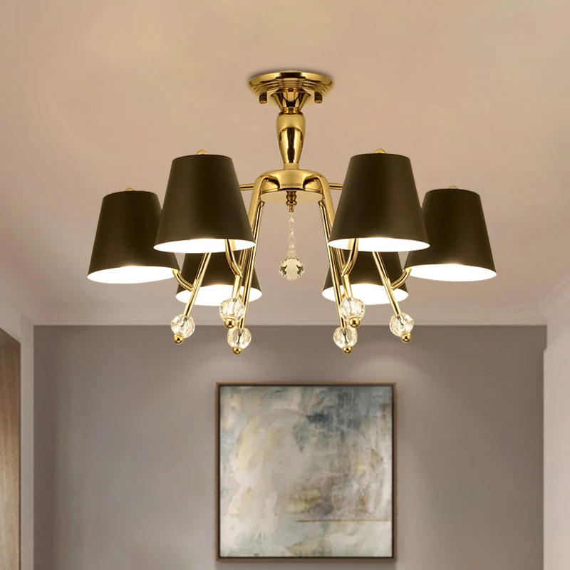 Eenvoud conische semi-gemonteerde verlichting metaal 6/8-licht woonkamer plafondmontage licht zwart met kristallen bolacce...