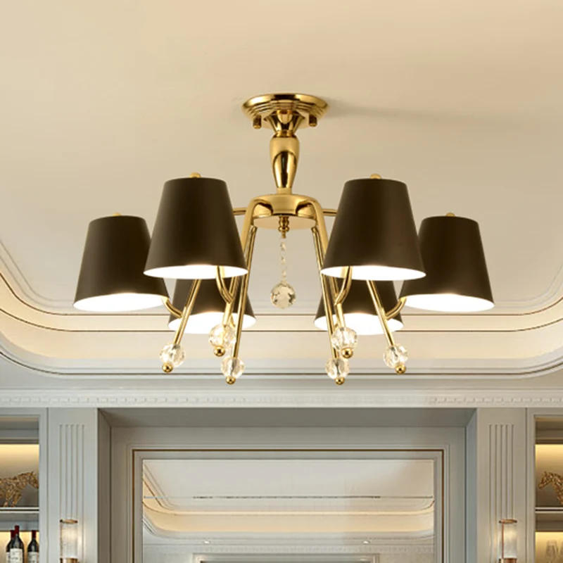 Eenvoud conische semi-gemonteerde verlichting metaal 6/8-licht woonkamer plafondmontage licht zwart met kristallen bolacce...