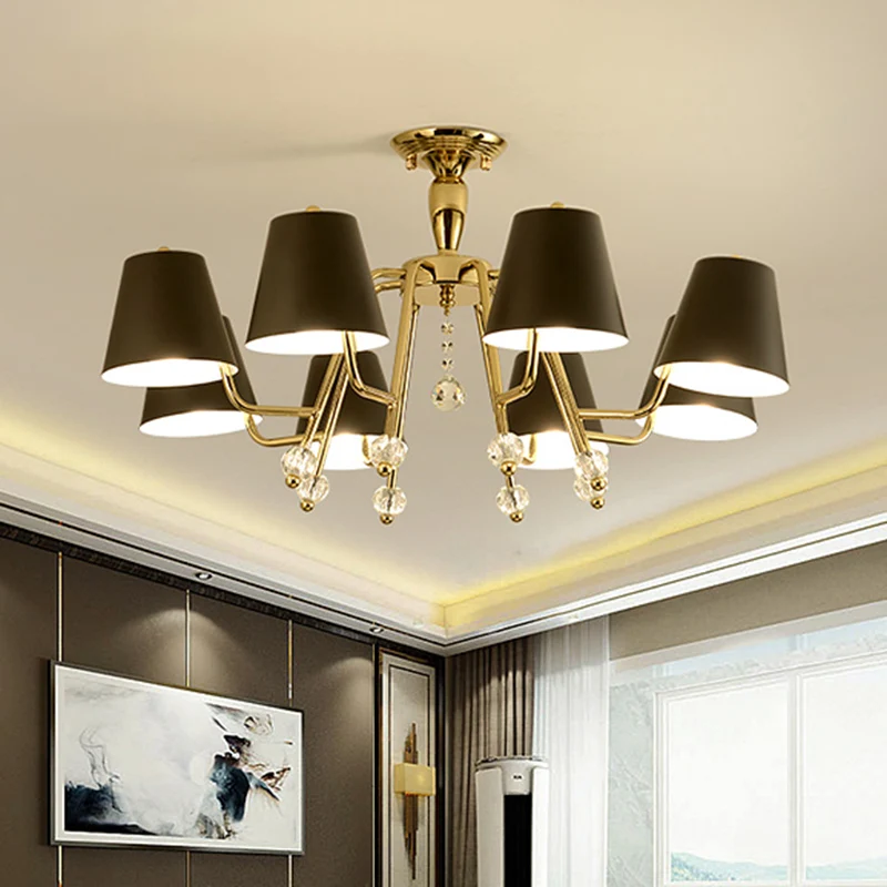 Eenvoud conische semi-gemonteerde verlichting metaal 6/8-licht woonkamer plafondmontage licht zwart met kristallen bolacce...