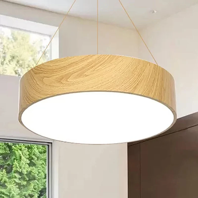 Eenvoud Led-ophangverlichting met trommelhouten effectkap Beige hanglamp, 16"/19,5"/23,5" breed Clearhalo