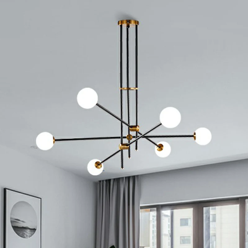 Eenvoud lineaire kroonluchter metalen woonkamer hanglamp met bol witte glazen kap zwart Clearhalo