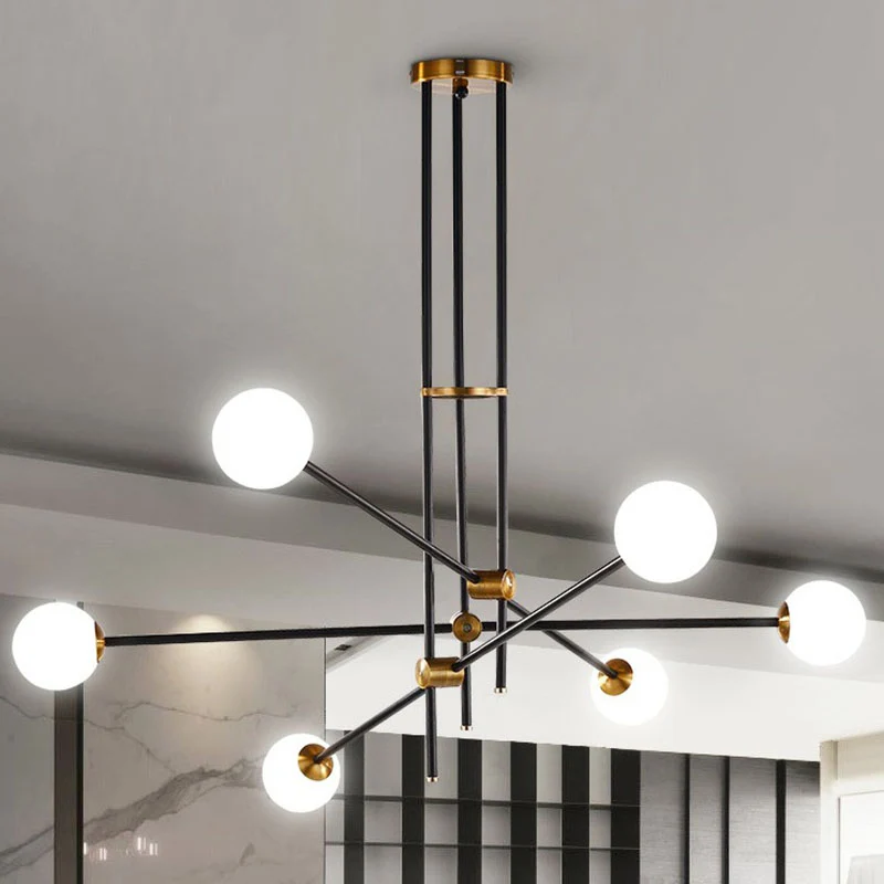 Eenvoud lineaire kroonluchter metalen woonkamer hanglamp met bol witte glazen kap zwart Clearhalo