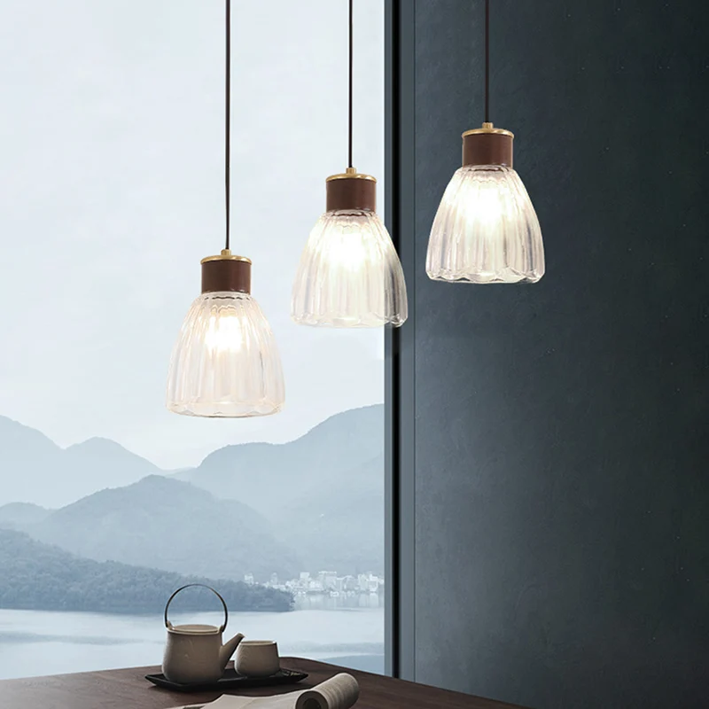 Eenvoudige bruine plafondlamp voor eetkamer, hangend met bel en kap van helder glas Clearhalo