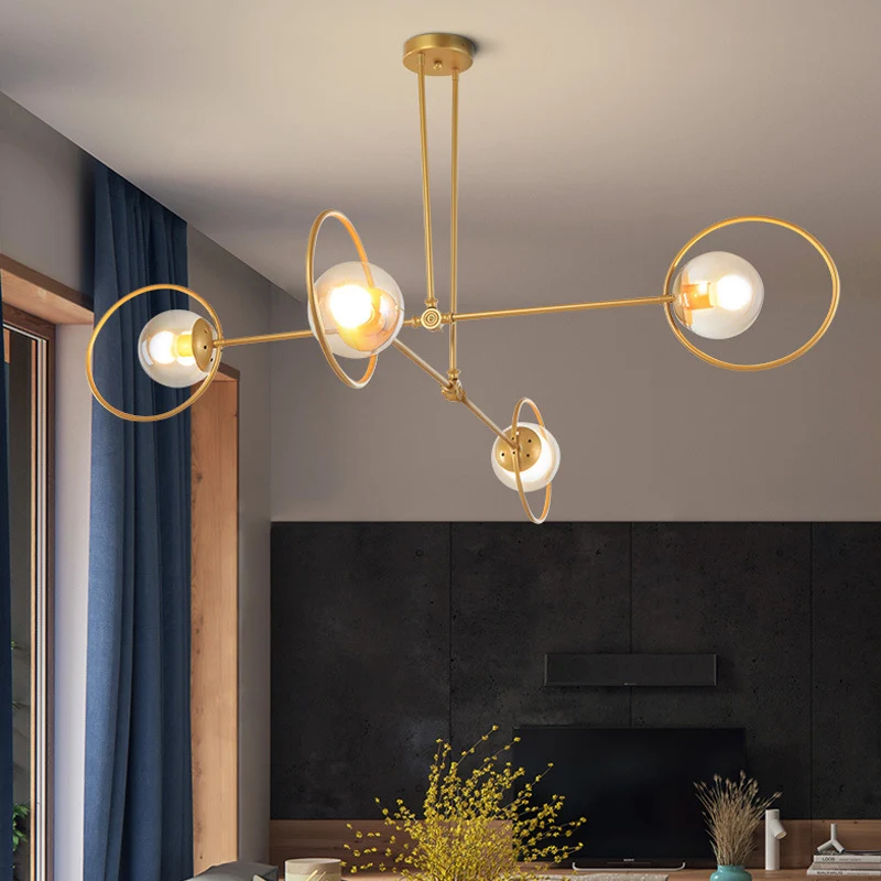 Eenvoudige gestapelde kroonluchter, meerkoppige metalen hanglamp met ring goud voor villa Clearhalo