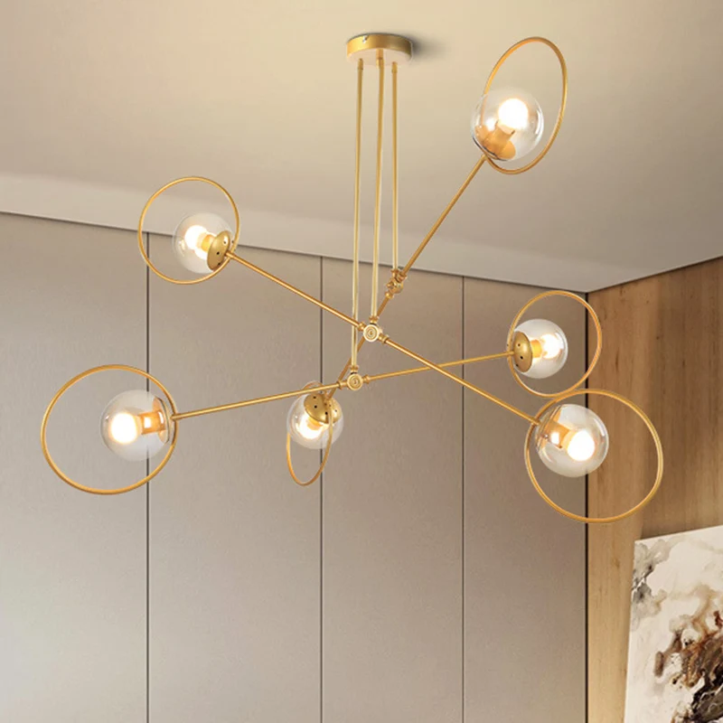 Eenvoudige gestapelde kroonluchter, meerkoppige metalen hanglamp met ring goud voor villa Clearhalo