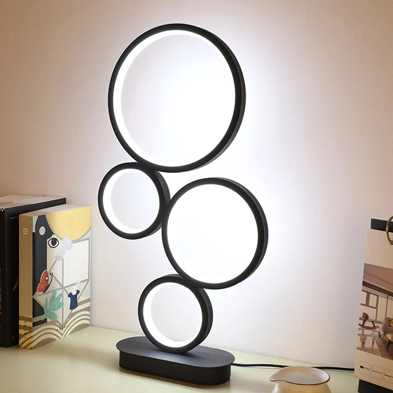 Eenvoudige gestapelde ronde tafellamp metallic LED-nachtverlichting bij het nachtkastje met ronde voetstuk zwart, warm/wit...