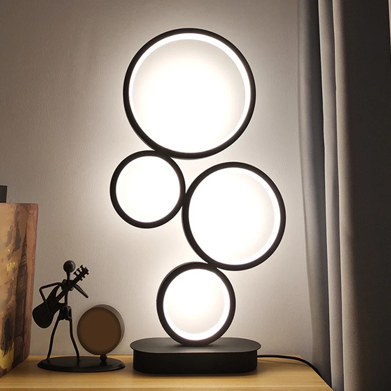 Eenvoudige gestapelde ronde tafellamp metallic LED-nachtverlichting bij het nachtkastje met ronde voetstuk zwart, warm/wit...