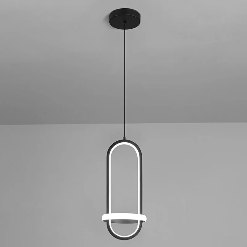 Eenvoudige langwerpige LED-slingerlamp, metalen nachtkastje, hangende kroonluchter met halo-ring Clearhalo