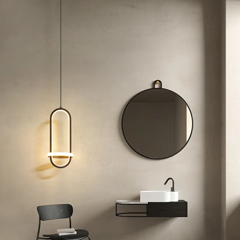 Eenvoudige langwerpige LED-slingerlamp, metalen nachtkastje, hangende kroonluchter met halo-ring Clearhalo