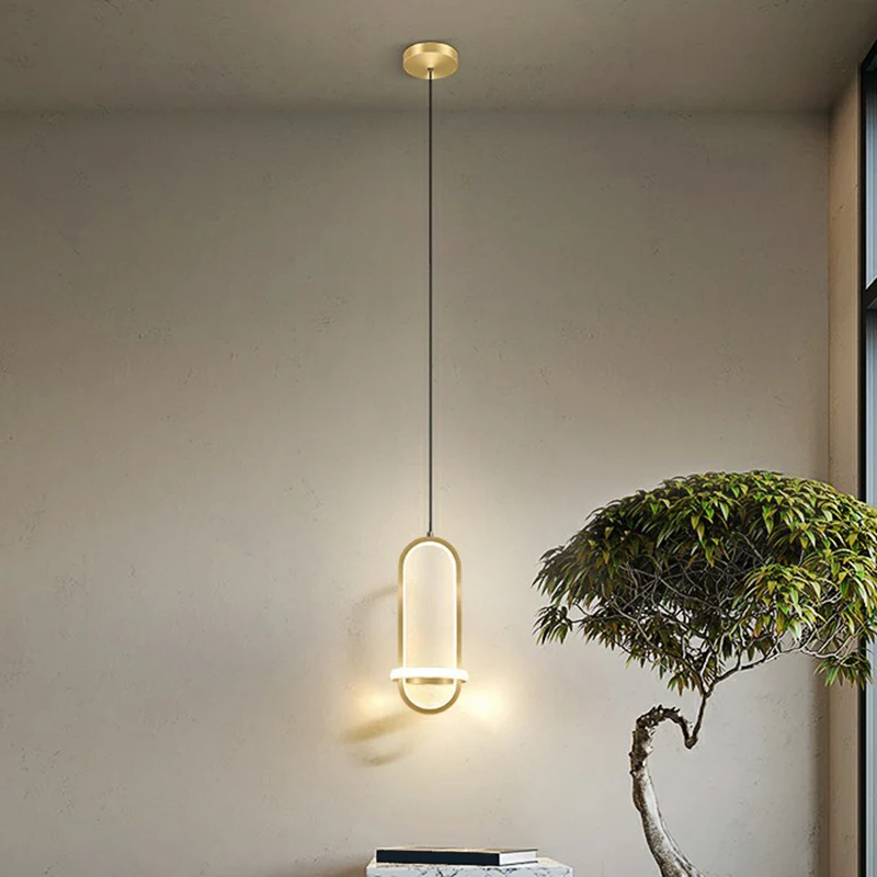 Eenvoudige langwerpige LED-slingerlamp, metalen nachtkastje, hangende kroonluchter met halo-ring Clearhalo