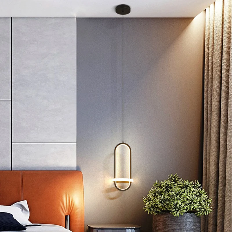 Eenvoudige langwerpige LED-slingerlamp, metalen nachtkastje, hangende kroonluchter met halo-ring Clearhalo