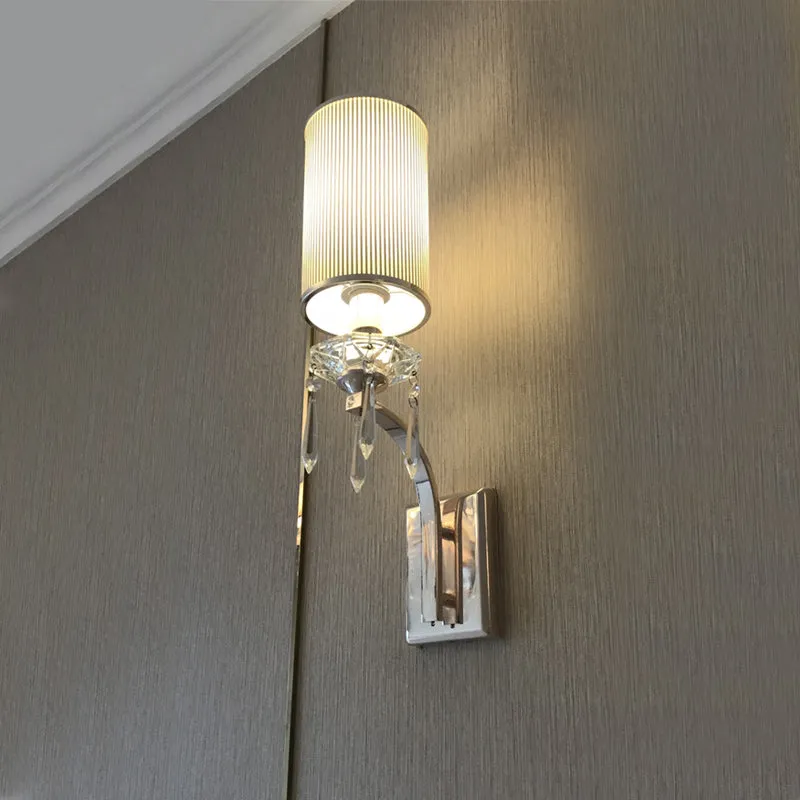 Eenvoudige zuil wandlamp 1 lamp geribbelde stoffen schansverlichting chroom voor woonkamer Clearhalo