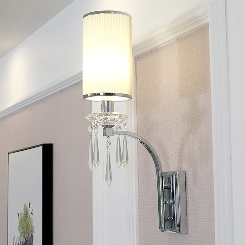 Eenvoudige zuil wandlamp 1 lamp geribbelde stoffen schansverlichting chroom voor woonkamer Clearhalo