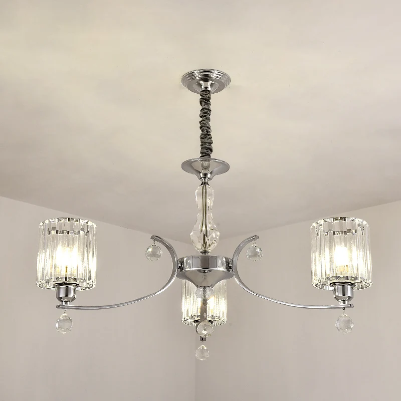 Eigentijdse 3-lichts kroonluchter hangende chromen cilindrische plafondlamp met heldere kristallen kap Clearhalo