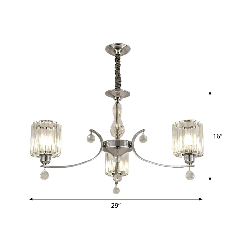 Eigentijdse 3-lichts kroonluchter hangende chromen cilindrische plafondlamp met heldere kristallen kap Clearhalo