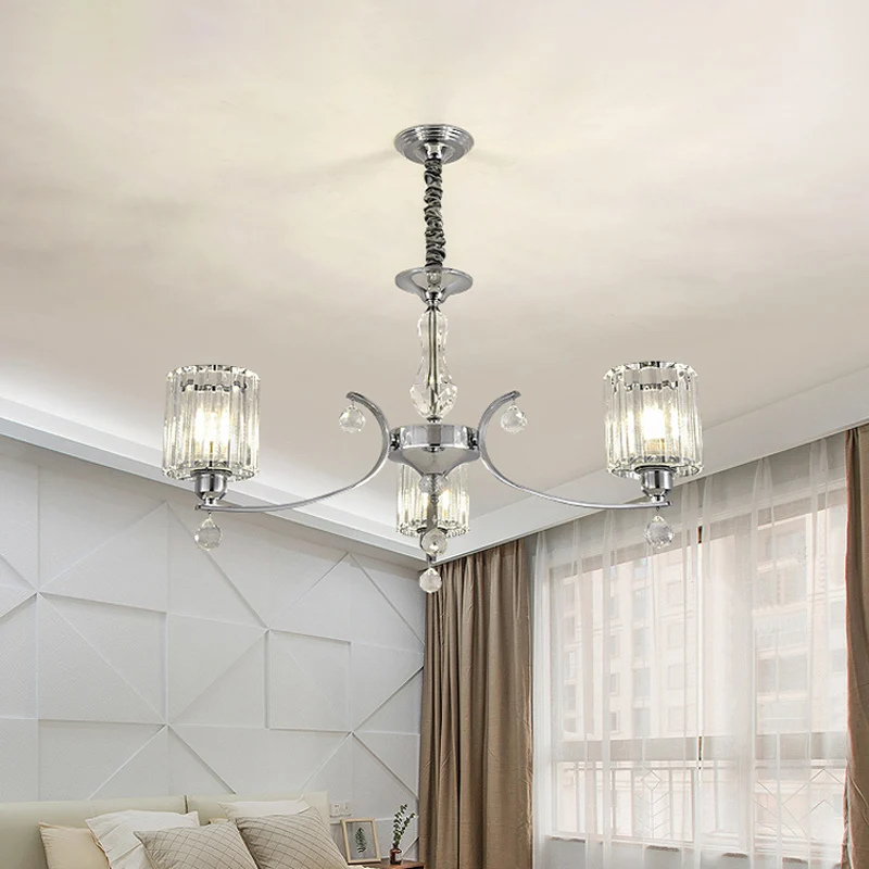 Eigentijdse 3-lichts kroonluchter hangende chromen cilindrische plafondlamp met heldere kristallen kap Clearhalo