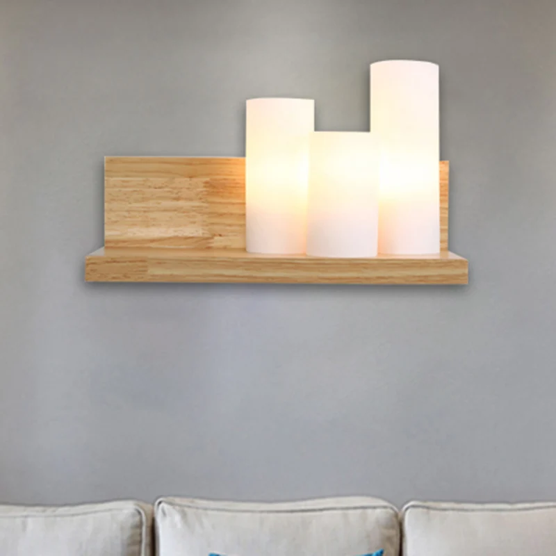 Eigentijdse buisschaduw wandverlichting 3-koppige melkglazen wandlamp met houten plank voor stoffenwinkel Clearhalo