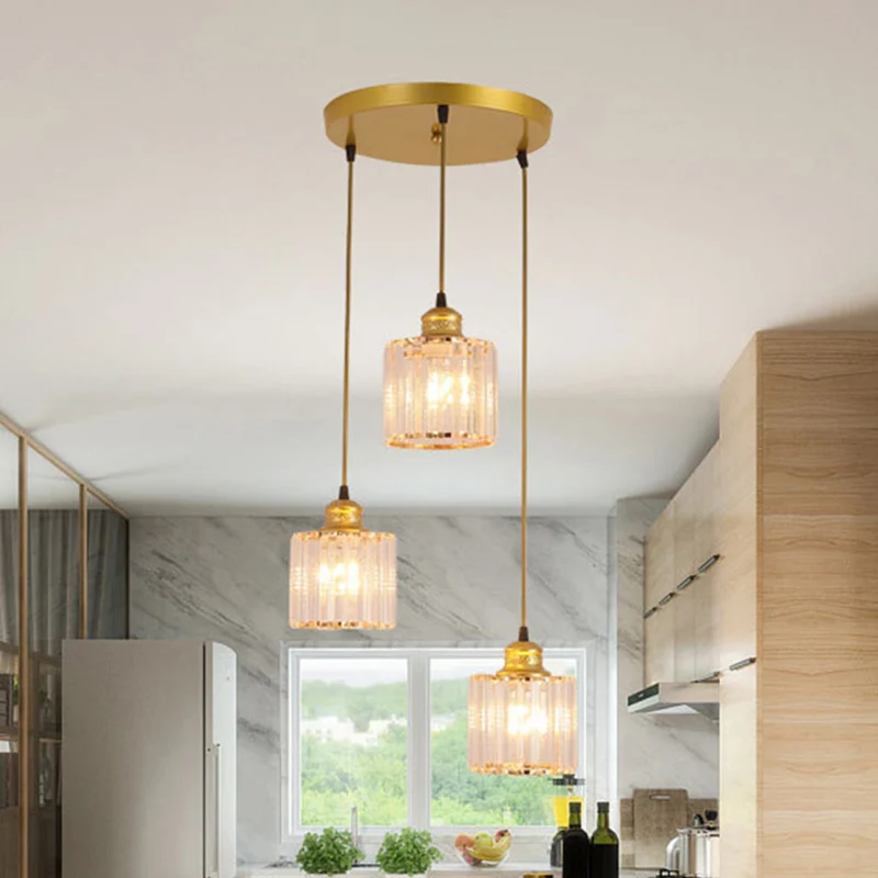 Eigentijdse cilinder hanglamp kristal 3 lampen eetkamer multi-licht hanger goud Clearhalo
