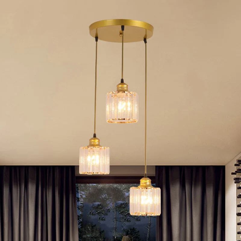 Eigentijdse cilinder hanglamp kristal 3 lampen eetkamer multi-licht hanger goud Clearhalo