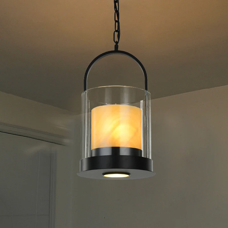 Eigentijdse cilindrische hanglamp 2 koppen helder glazen plafondlamp met marmeren binnenkap voor eetkamer Clearhalo