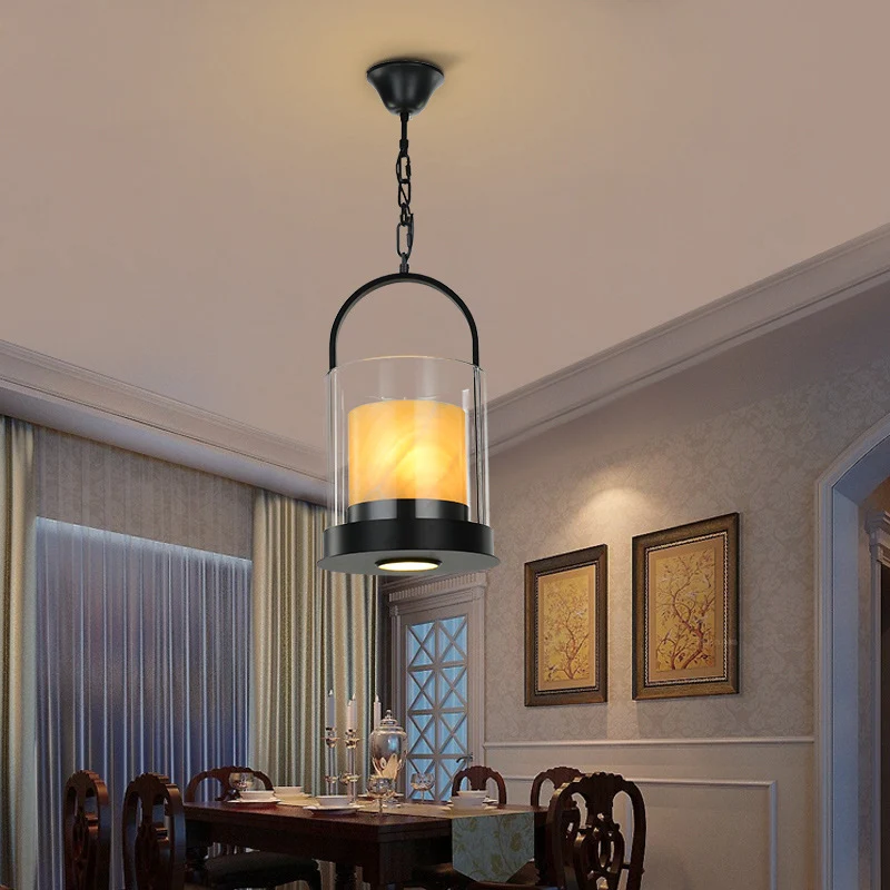 Eigentijdse cilindrische hanglamp 2 koppen helder glazen plafondlamp met marmeren binnenkap voor eetkamer Clearhalo