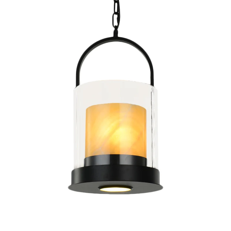 Eigentijdse cilindrische hanglamp 2 koppen helder glazen plafondlamp met marmeren binnenkap voor eetkamer Clearhalo
