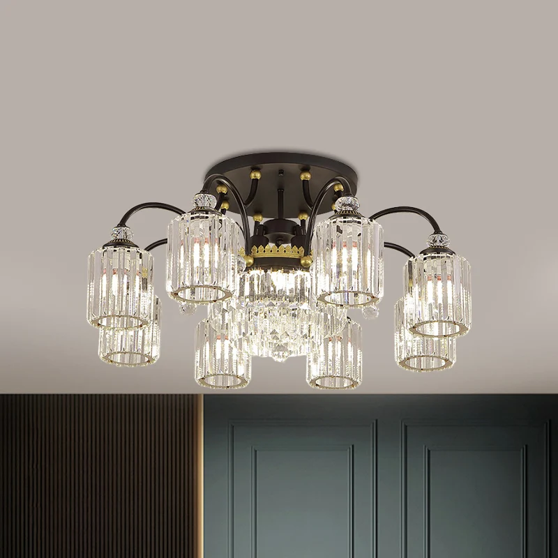 Eigentijdse cilindrische semi-inbouw 6/11 koppen helder kristallen plafondverlichtingsarmatuur met zwarte scrollarmen Clea...