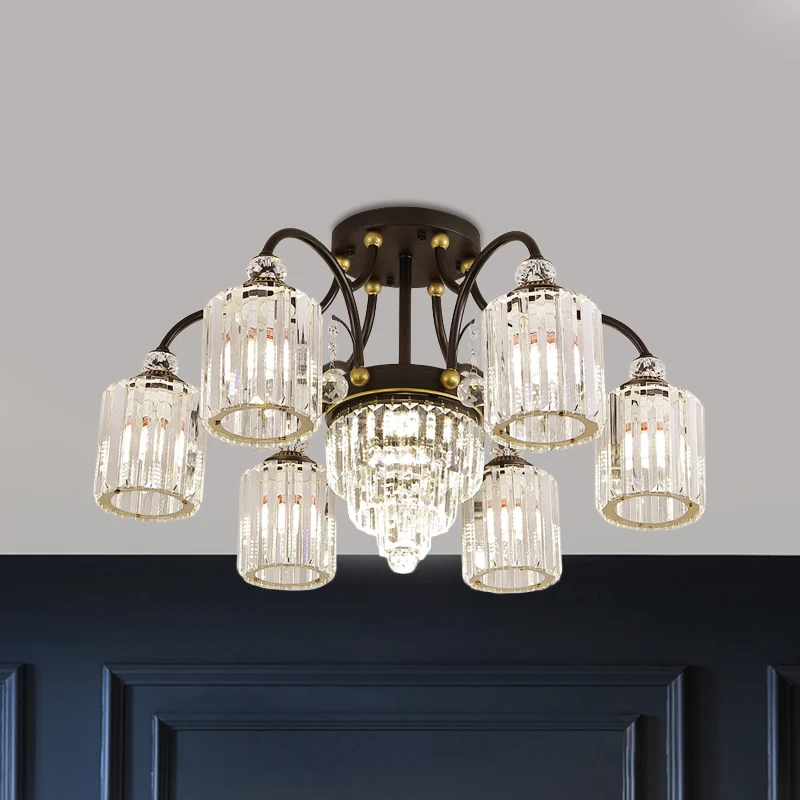 Eigentijdse cilindrische semi-inbouw 6/11 koppen helder kristallen plafondverlichtingsarmatuur met zwarte scrollarmen Clea...