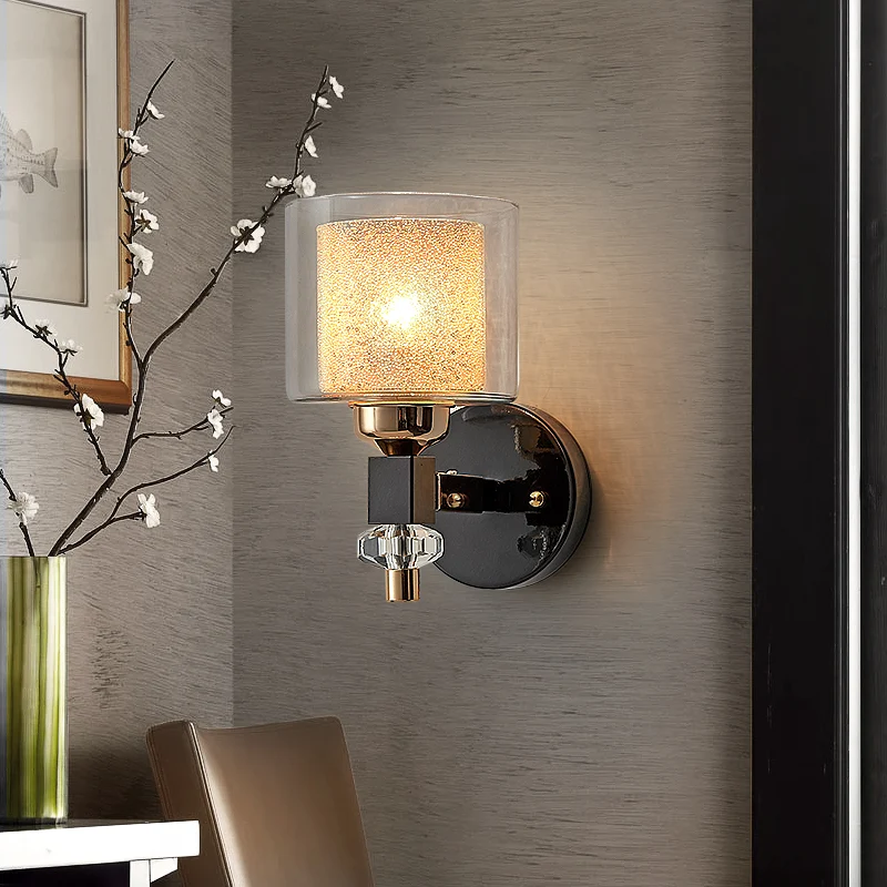 Eigentijdse cilindrische wandmontage licht metaal en glas 1 licht schanslamp zwart voor gang Clearhalo