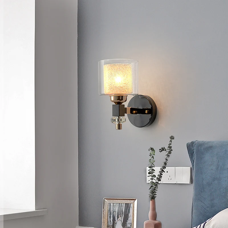 Eigentijdse cilindrische wandmontage licht metaal en glas 1 licht schanslamp zwart voor gang Clearhalo