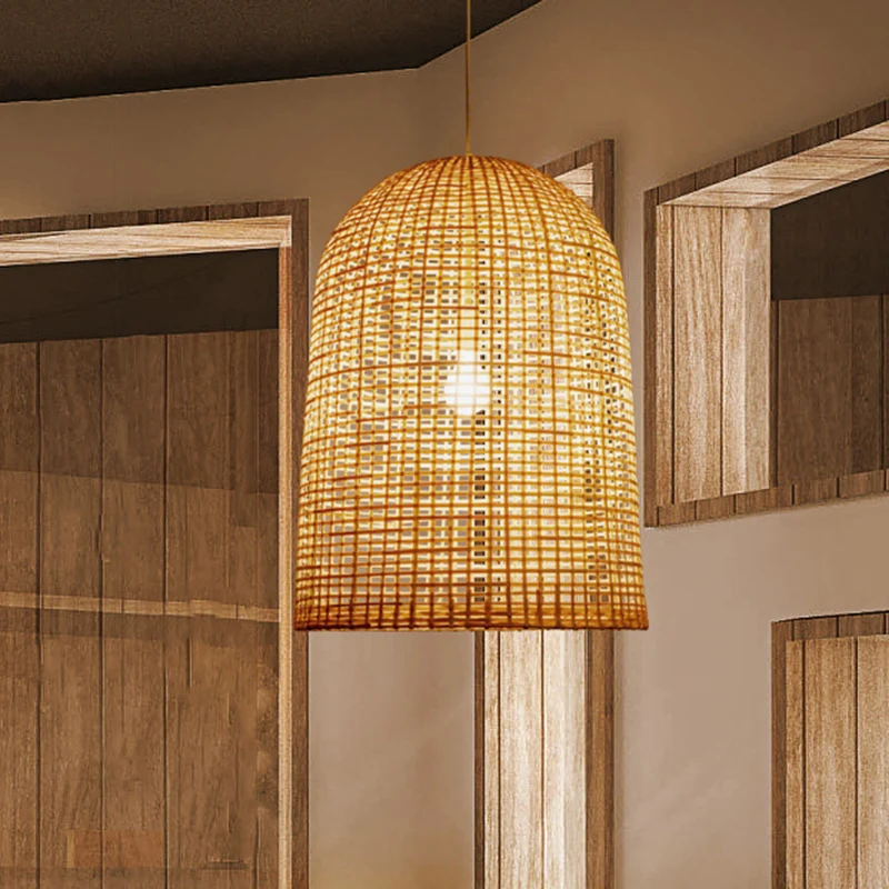 Eigentijdse hanglamp met mandophanging, bamboe, 1-lichts eetkamer hanglamp beige Clearhalo