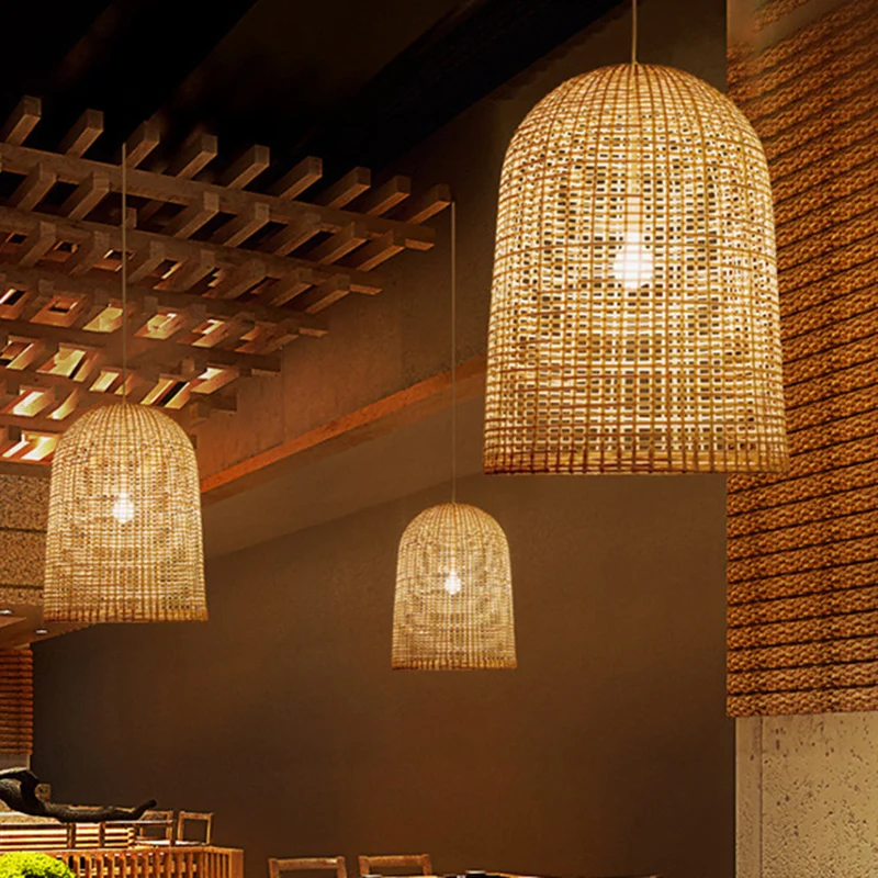 Eigentijdse hanglamp met mandophanging, bamboe, 1-lichts eetkamer hanglamp beige Clearhalo