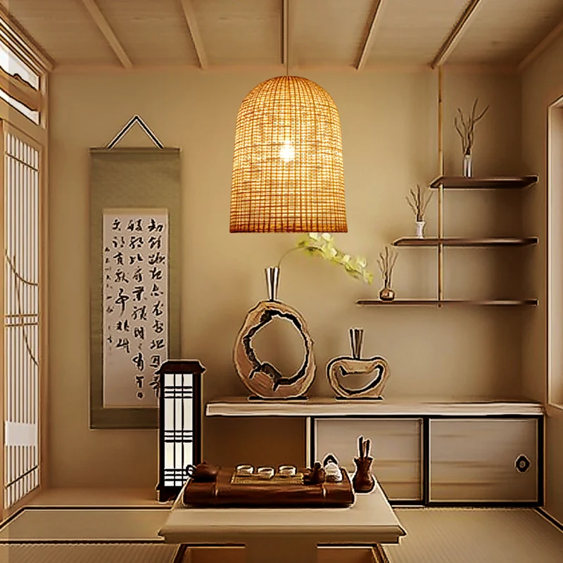 Eigentijdse hanglamp met mandophanging, bamboe, 1-lichts eetkamer hanglamp beige Clearhalo