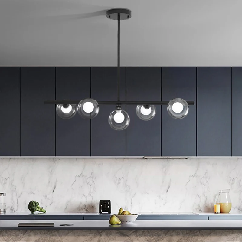 Eigentijdse 5 Heads Island Lighting zwarte afwerking Global LED-hanglamp met helderglazen kap Clearhalo