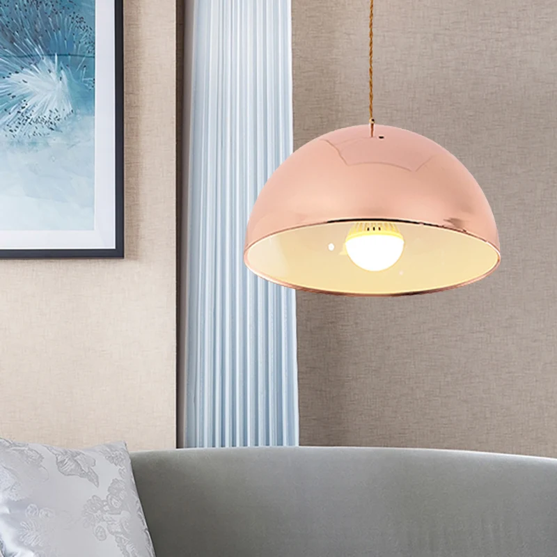 Eigentijdse roségouden hanglamp met koepelvormige kap, 12"/16" breed, 1 licht metalen hanglamp voor restaurant Clearhalo