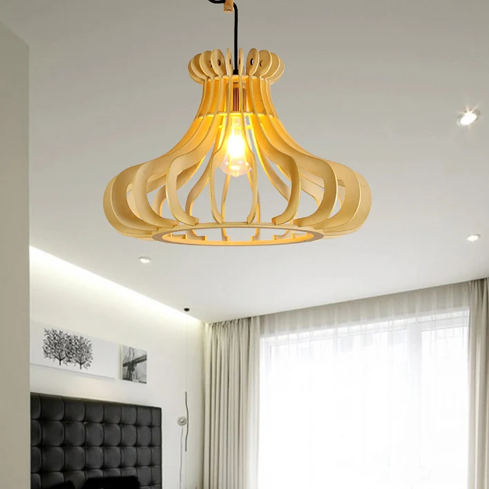 Eigentijdse uivormige hanglamp hout 1-lichte slaapkamer hanglamp beige Clearhalo
