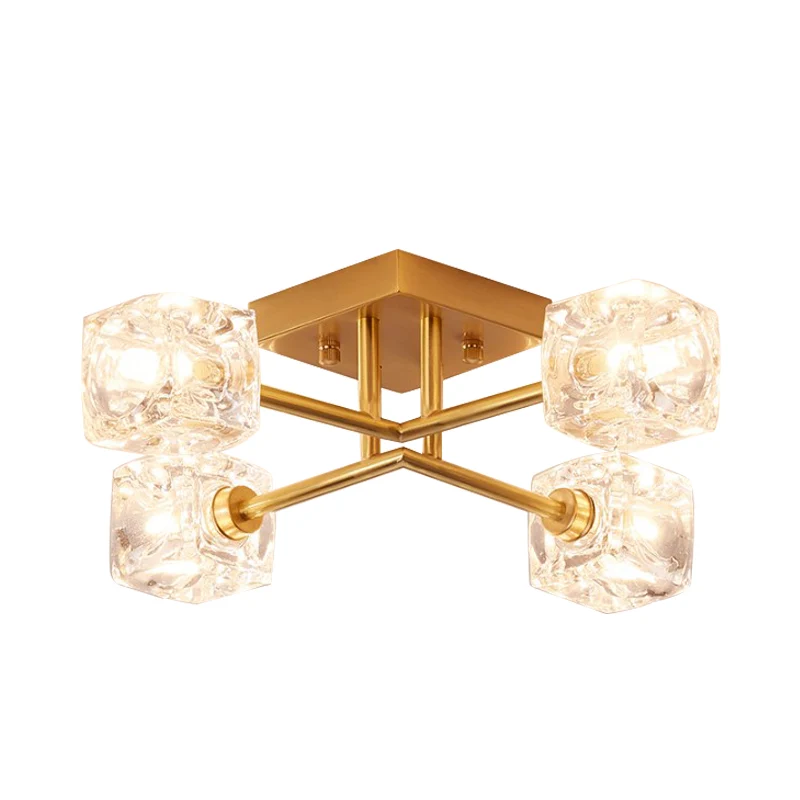 Eigentijdse vierkante semi-inbouw helder kristal 4/6-licht slaapkamer plafondlamp messing Clearhalo