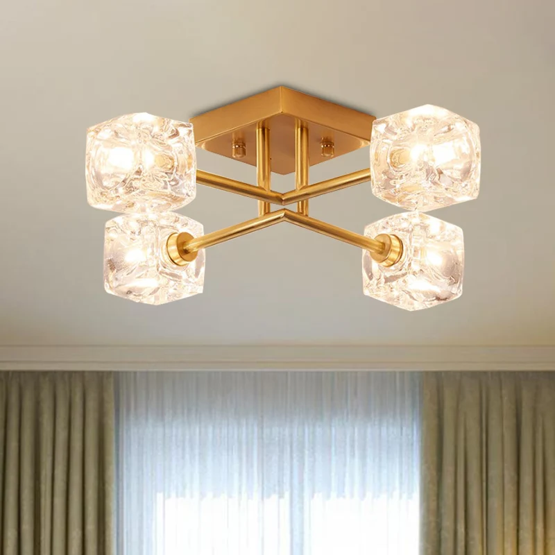 Eigentijdse vierkante semi-inbouw helder kristal 4/6-licht slaapkamer plafondlamp messing Clearhalo