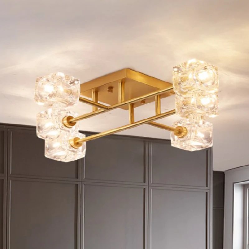 Eigentijdse vierkante semi-inbouw helder kristal 4/6-licht slaapkamer plafondlamp messing Clearhalo