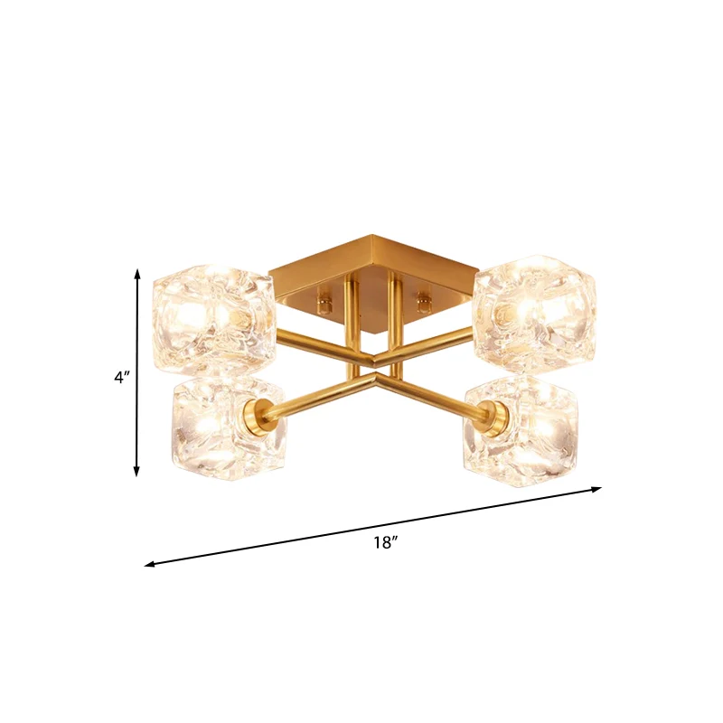 Eigentijdse vierkante semi-inbouw helder kristal 4/6-licht slaapkamer plafondlamp messing Clearhalo