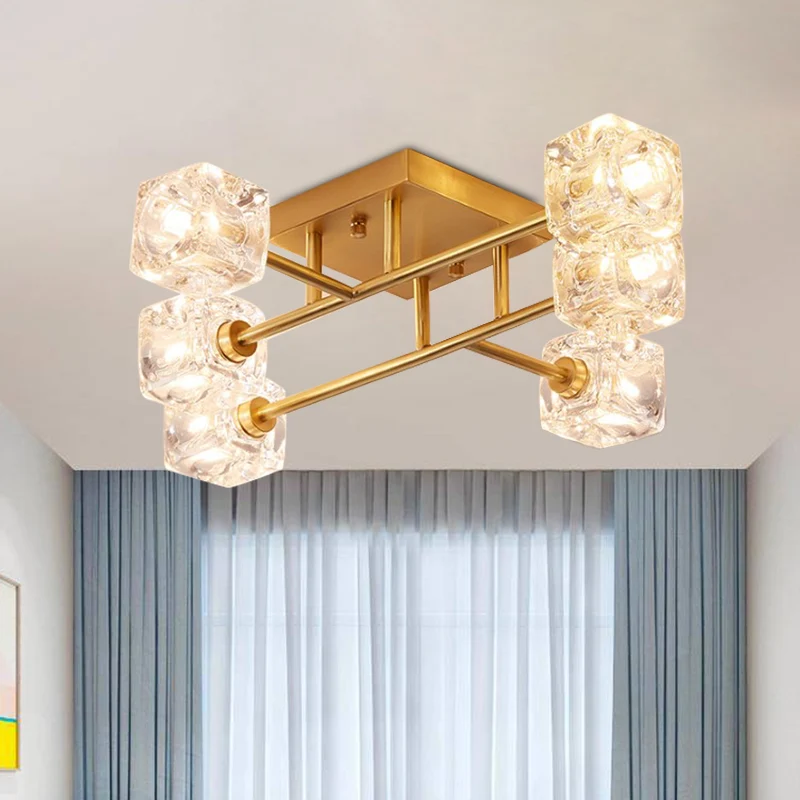 Eigentijdse vierkante semi-inbouw helder kristal 4/6-licht slaapkamer plafondlamp messing Clearhalo