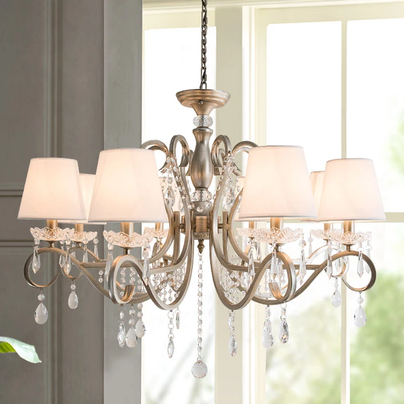 Empire Shade stoffen kroonluchter verlichting antieke woonkamer hanglamp met kristallen drapering zilver Clearhalo
