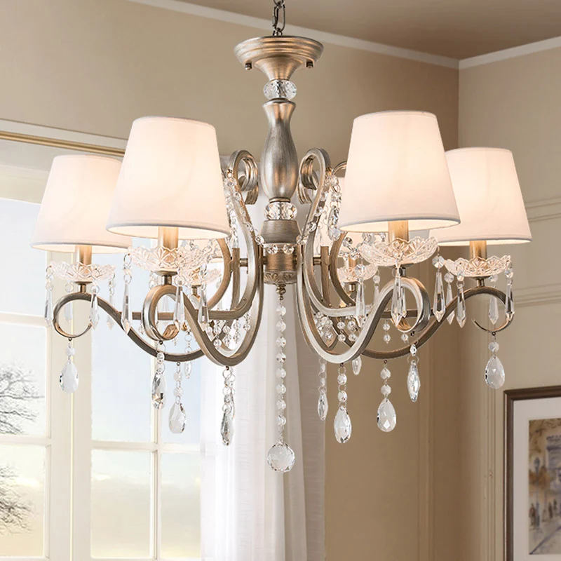 Empire Shade stoffen kroonluchter verlichting antieke woonkamer hanglamp met kristallen drapering zilver Clearhalo